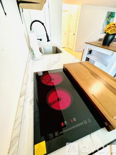 A black and red cooktop in a kitchen with a white sink and a wooden countertop.