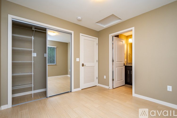 A spacious room with a walk-in closet and a door leading to another room.