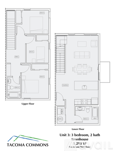 A floor plan for a 3 bedroom, 2 bath townhouse at TACOMA COMMONS.