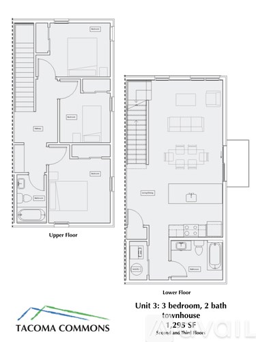 A floor plan for a 3 bedroom, 2 bath townhouse at TACOMA COMMONS.