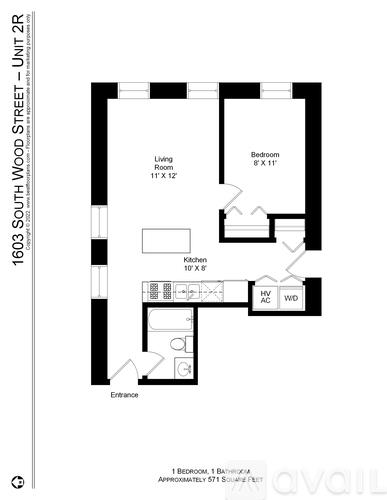 A floor plan for a 1 Bedroom, 1 Bathroom apartment at 1603 South Wood Street shows a living room, a bedroom, a kitchen, and an entryway.