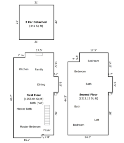 A floor plan of a two-story house with a master bedroom on the first floor and a loft on the second floor.