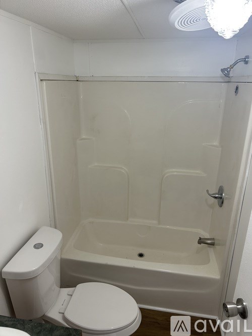 A white toilet sits next to a bathtub in a bathroom.