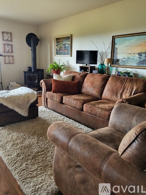 A living room with a brown leather couch and a wood stove.