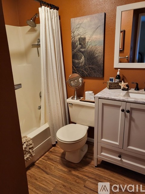 A bathroom with a toilet, sink, and shower.