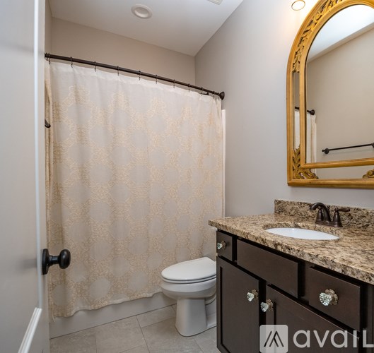 A bathroom with a toilet, sink, and shower curtain.