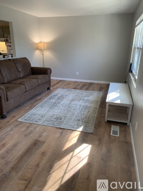 A living room with a brown couch and a rug.