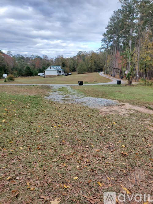 A grassy field with fallen leaves and a small puddle in the foreground with a house and trees in the background.