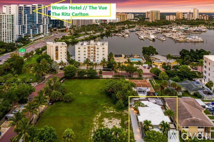 An aerial view of a resort with a Westin Hotel and The Ritz Carlton.