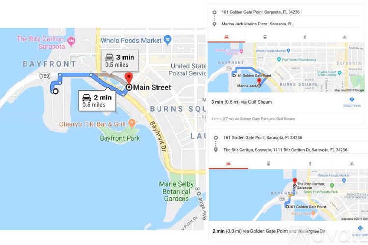 A map shows a route from one location to another, passing by landmarks such as a Whole Foods Market and a United States Postal Service.