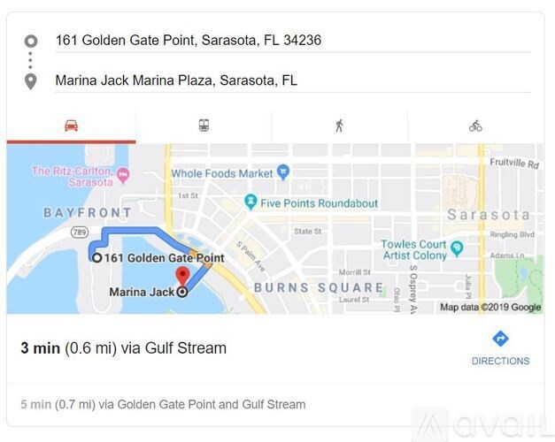A map shows the location of Marina Jack Marina Plaza in Sarasota, FL.