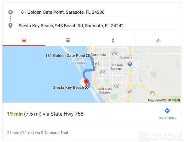 A map showing two locations, one at 161 Golden Gate Point, Sarasota, FL 34236 and the other at Siesta Key Beach, 948 Beach Rd, Sarasota, F