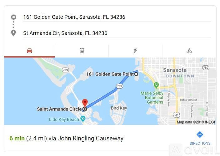 A map showing a route from St Armands Circle to 161 Golden Gate Point.