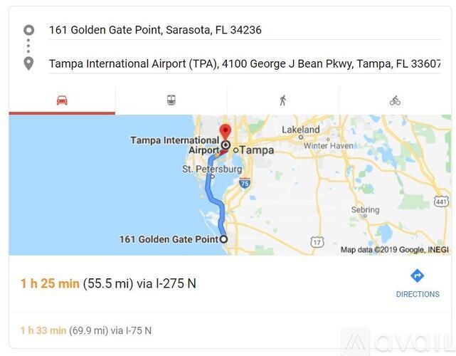 A map showing the distance and directions from 161 Golden Gate Point to Tampa International Airport.