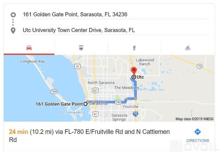 A map showing a route from 161 Golden Gate Point to Utc University Town Center Drive in Sarasota, FL.