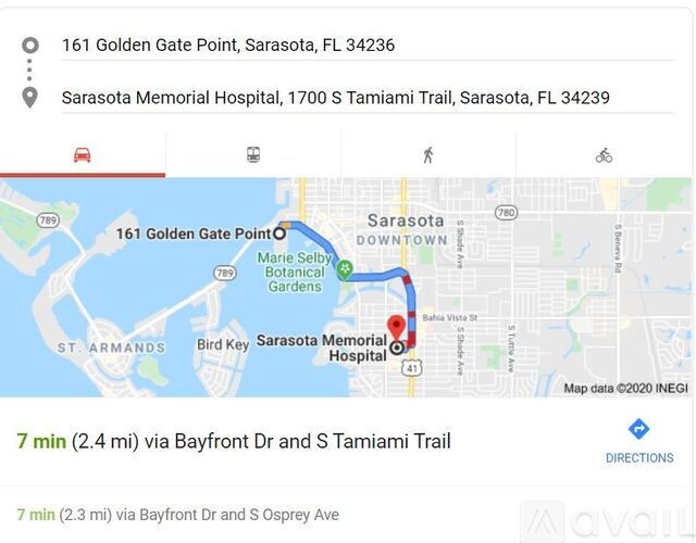 A map shows a route from 161 Golden Gate Point to Sarasota Memorial Hospital.