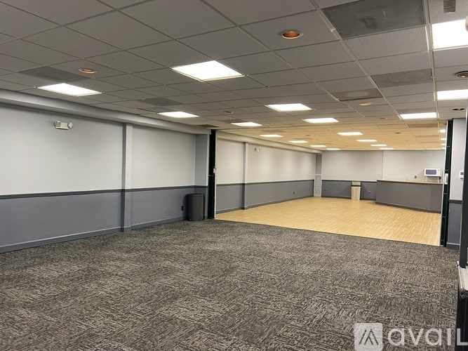 A spacious room with grey carpeting and a wooden floor.