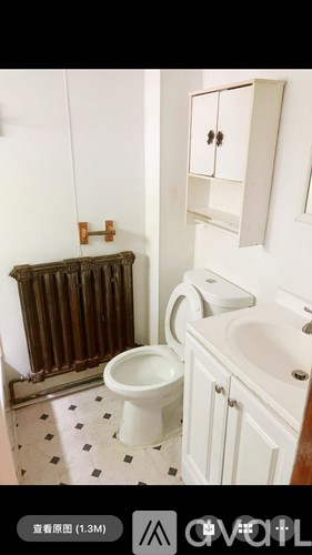 A white toilet with a brown radiator behind it.