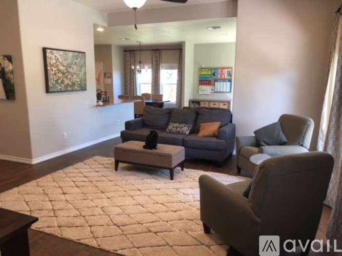 A living room with a grey couch and a white rug.