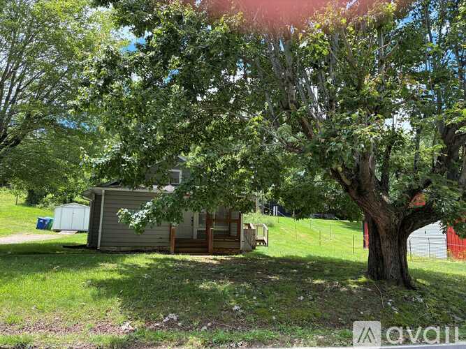 A tree in front of a house with a shed in the background.