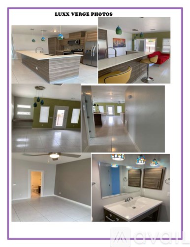 A series of interior photos showcasing a modern kitchen, dining area, and bathroom.