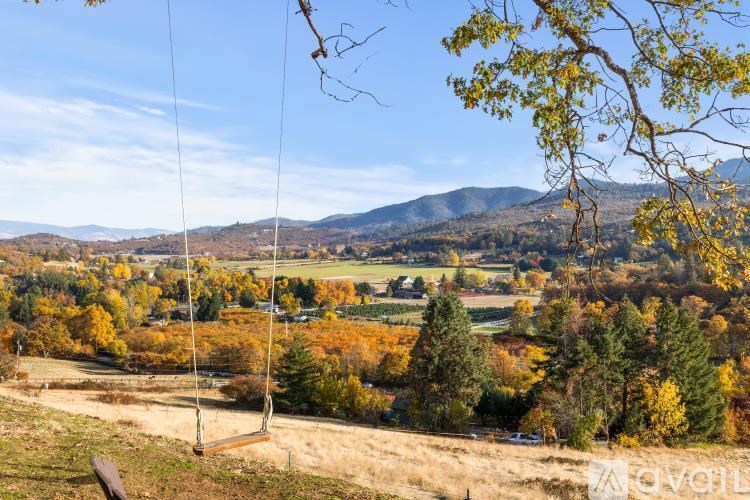A view from a swing set overlooking a valley with autumn trees.