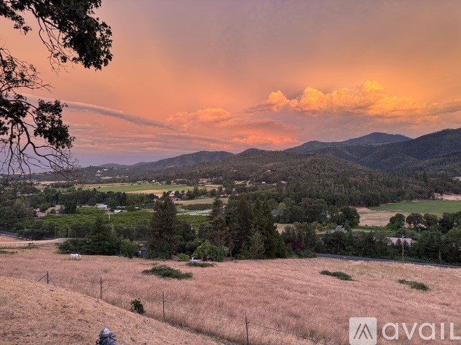 A person is standing on a hill overlooking a valley with a beautiful sunset.
