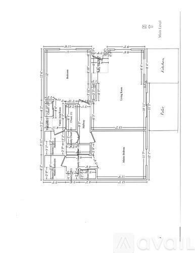 A floor plan drawing of a building with labeled rooms and dimensions.