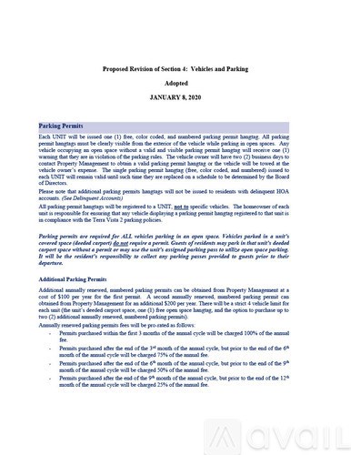 A document titled "Proposed Revision of Section 6: Vehicles and Parking" with text detailing parking permits and additional parking permits.