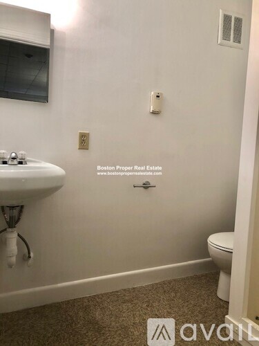 A bathroom with a toilet, sink, and carpeted floor.