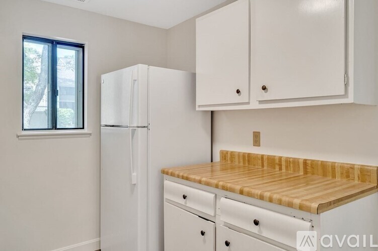 A kitchen with a white fridge, cabinets and a wooden counter top.