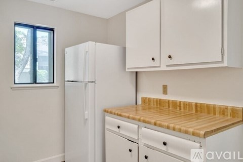 A kitchen with a white fridge, cabinets and a wooden counter top.