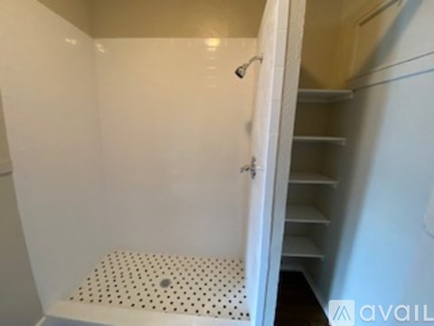 A small white bathroom with a shower and a toilet.