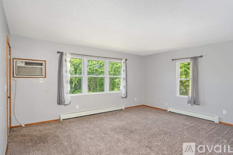 A room with two windows and a carpeted floor.
