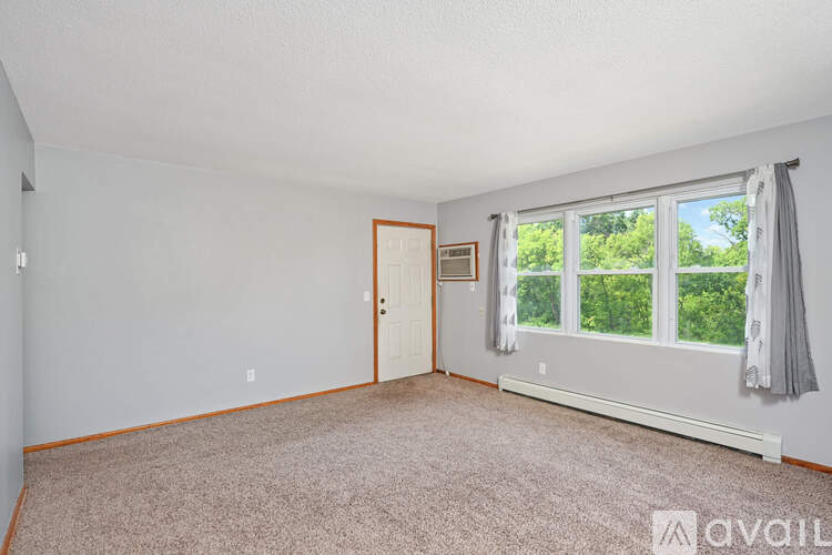 A room with a carpeted floor and a window with a view of trees.