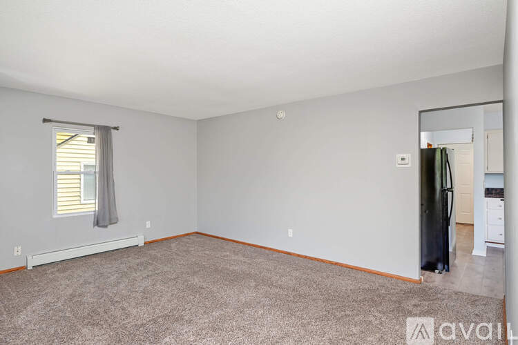 A room with a carpeted floor and a window with a grey curtain.