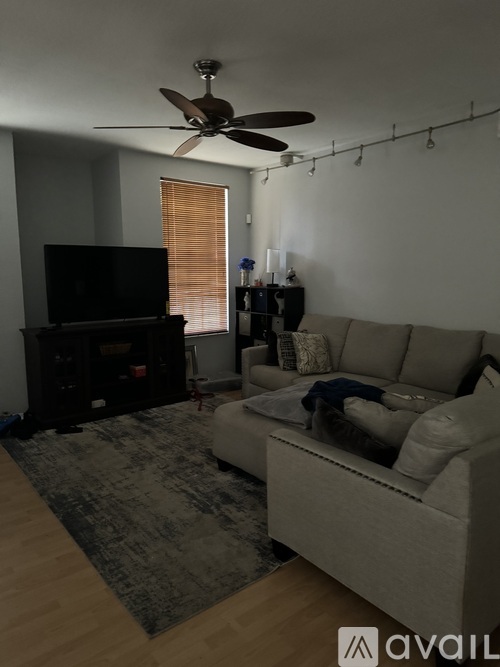 A living room with a couch, television, and a rug.