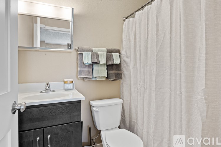 A bathroom with a toilet, sink, and shower curtain.