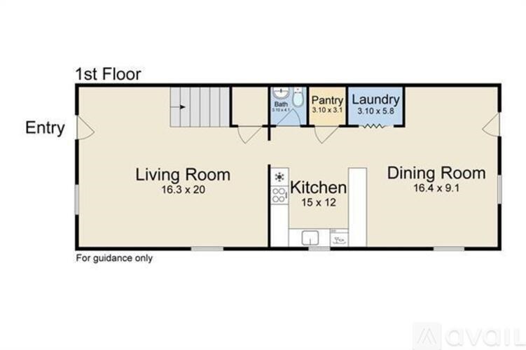 A floor plan of a one-bedroom apartment on the first floor.