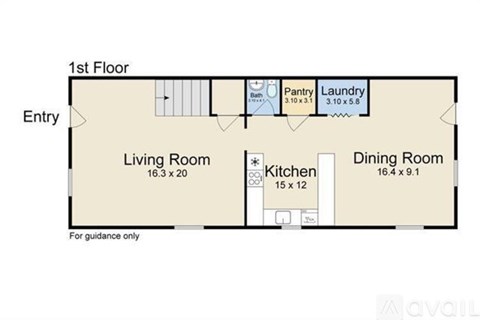 A floor plan of a one-bedroom apartment on the first floor.