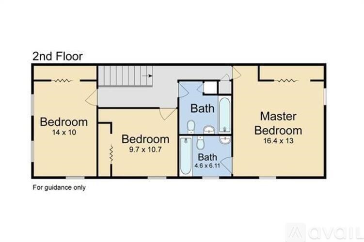 A floor plan of a 2nd floor showing three bedrooms and a bathroom.
