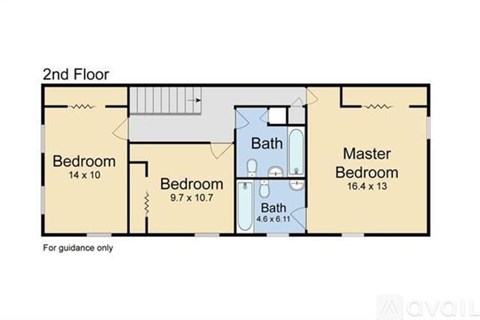 A floor plan of a 2nd floor showing three bedrooms and a bathroom.