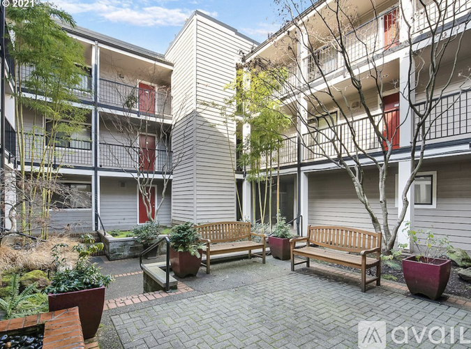 A courtyard with benches and potted plants in front of apartment buildings.