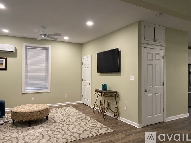 A living room with a television, a fan, and a rug.