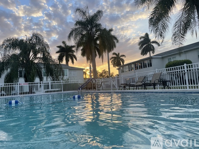 A pool surrounded by palm trees at sunset.
