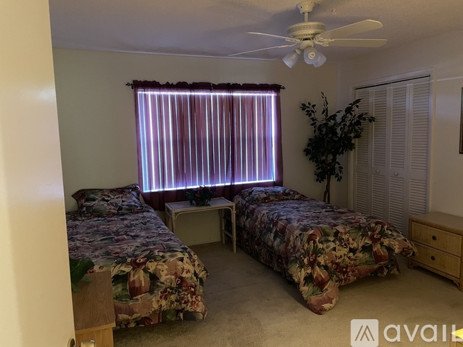 A bedroom with two beds and a ceiling fan.