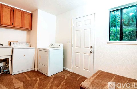 A room with a white door, a window with a view of trees, and a brown carpet.