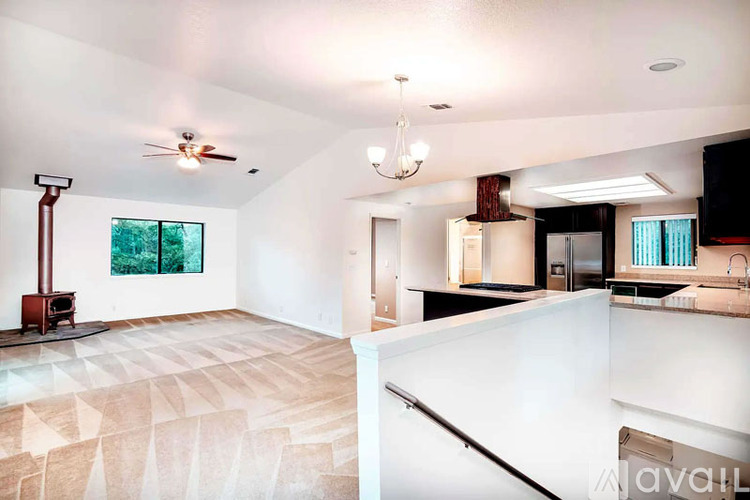 A living room with a wood stove and a kitchen area.