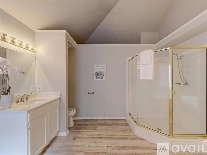 A bathroom with a glass shower enclosure and a white sink vanity.