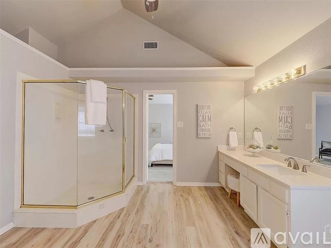 A bathroom with a glass shower enclosure and a vanity with a mirror.